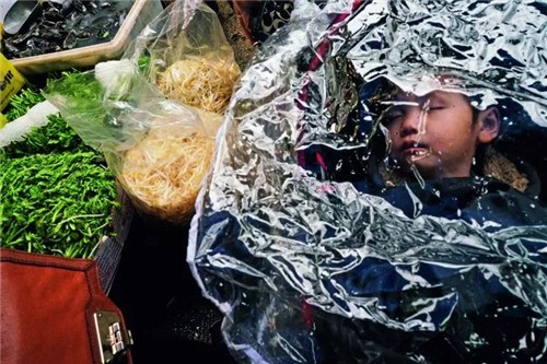 在纽约唐人街，你能买到最新鲜的鱼、肉和蔬菜，也能吃到最正宗的中国菜，图中，菜市场的孩子在菜摊旁熟睡。